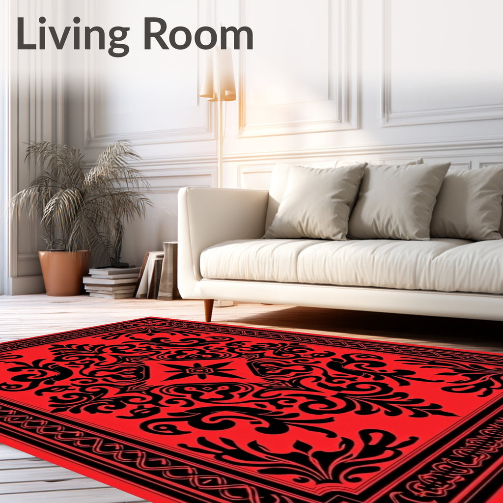 Red Black Vintage Floral Damask Rug