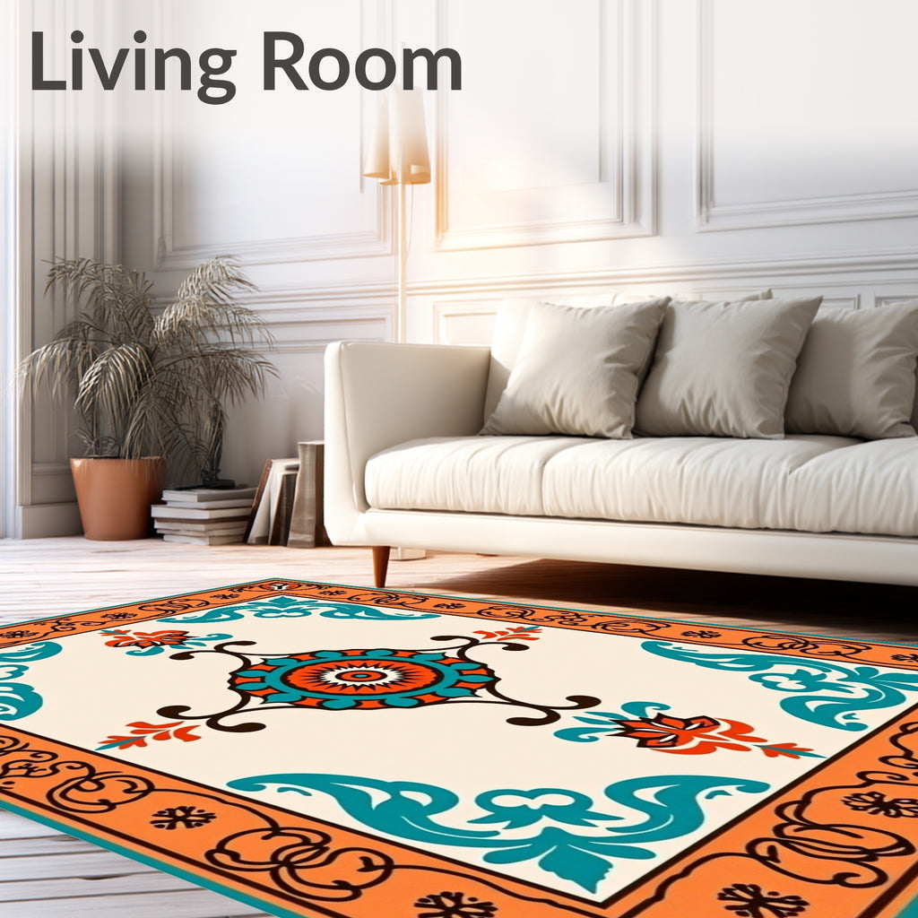Terracotta Teal Floral Mandala Style Rug
