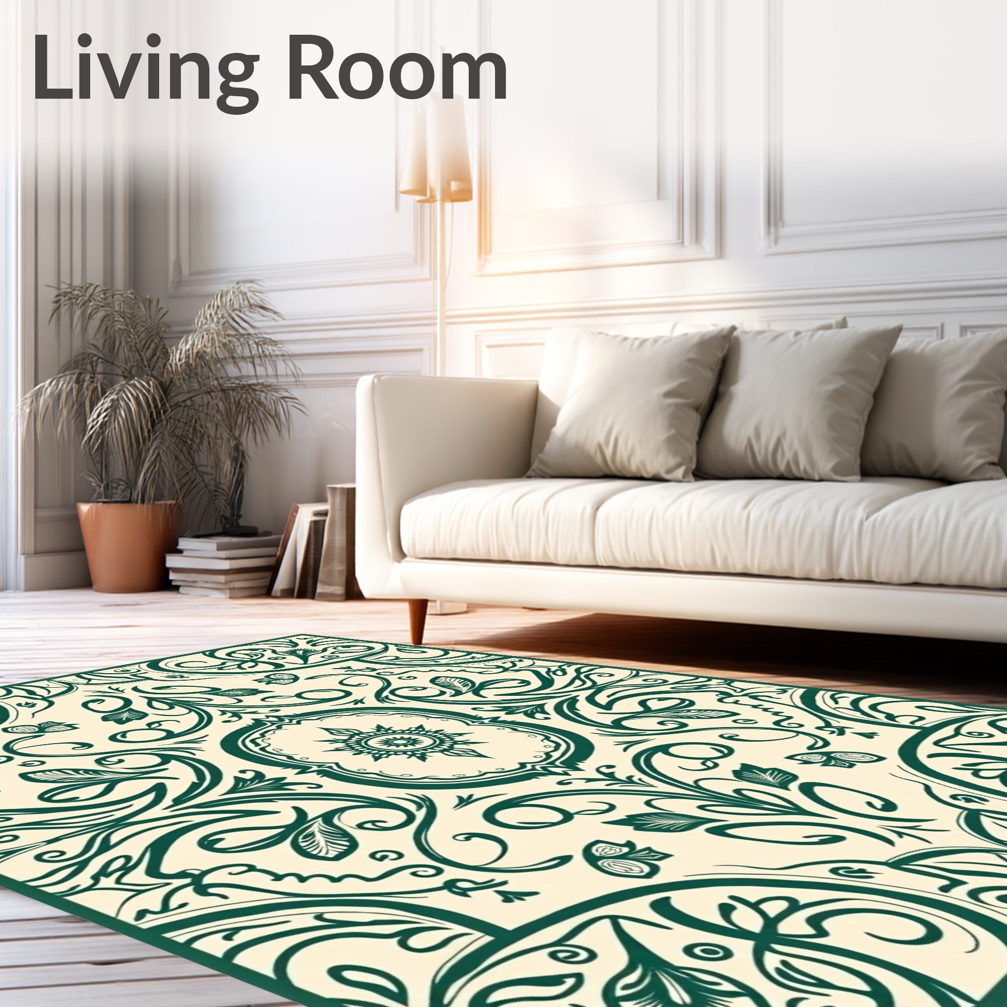 Ornate Emerald Swirl Floral Design Rug