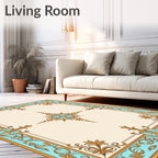 Ornate Aqua Gold Medallion Design Rug