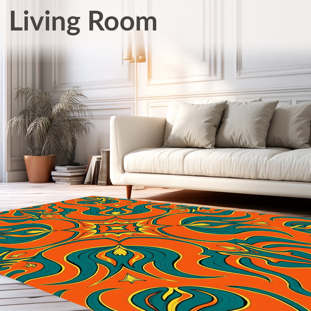 Vibrant Teal Golden Leaf Pattern Rug