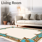 Ornate Floral Blue Gold Border Design Rug