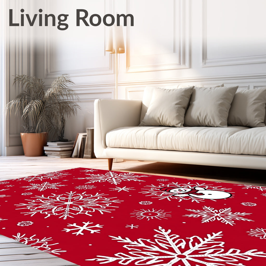 Red Snowflakes And Snowman Pattern Rug