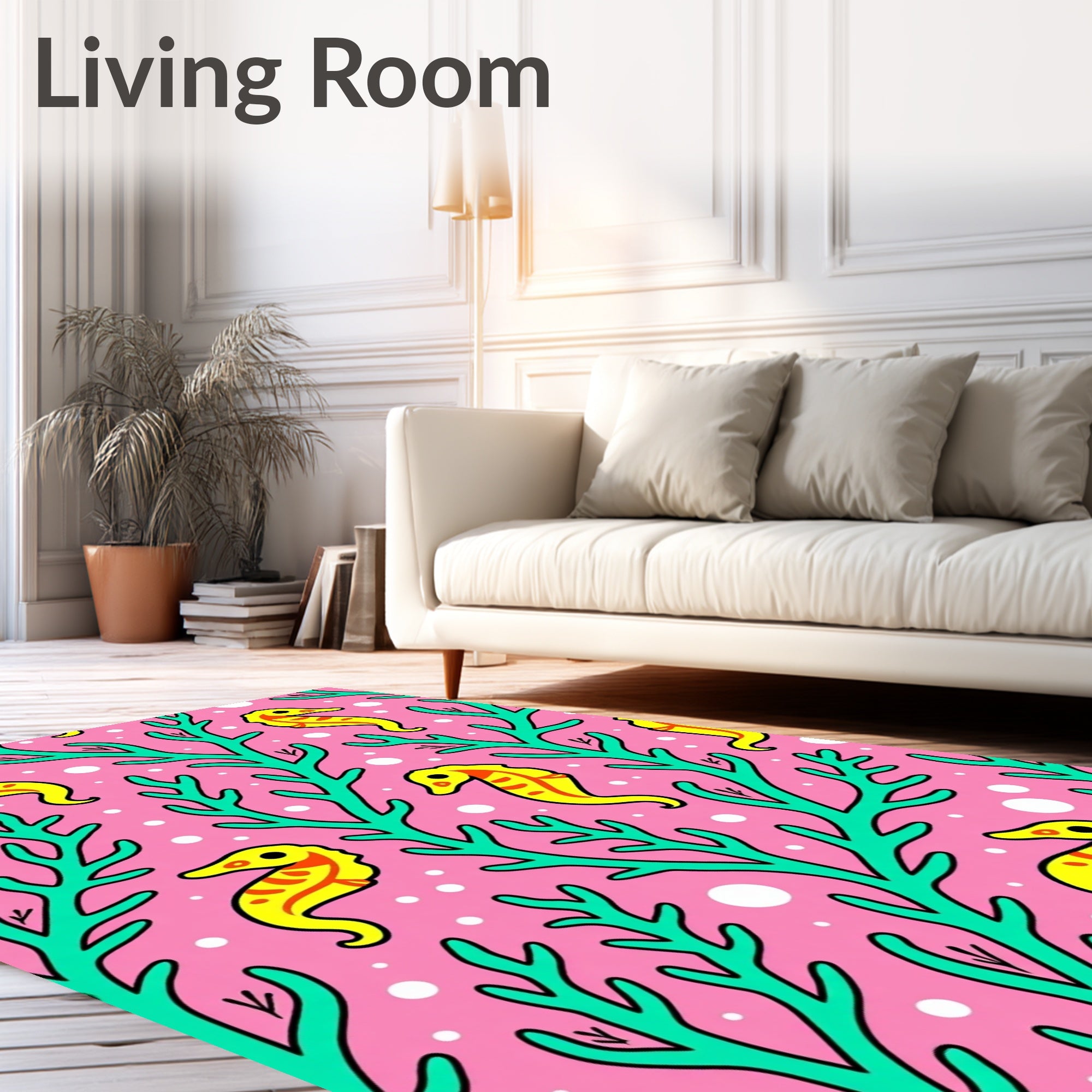 Pink Teal Seahorse Coral Pattern Rug
