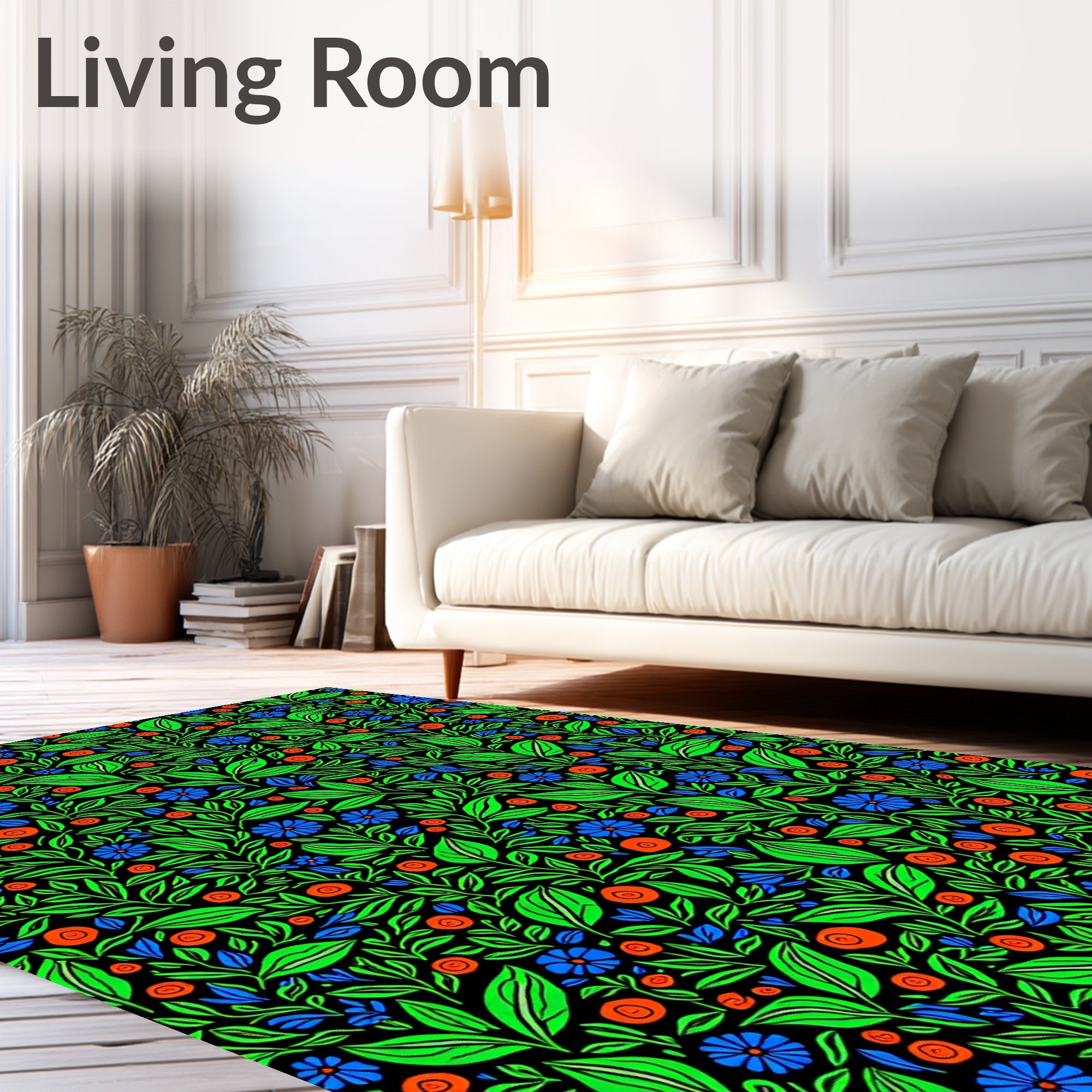 Vibrant Green Blue Orange Floral Explosion Rug