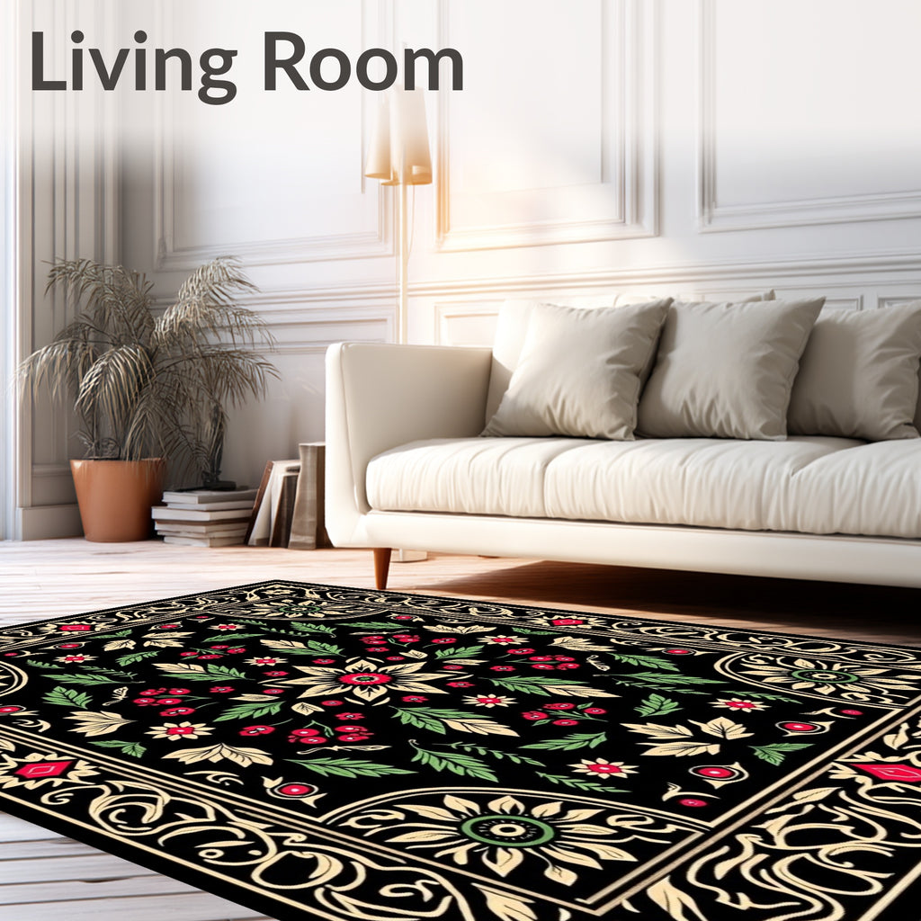 Black Folk Art Floral Medallion Rug