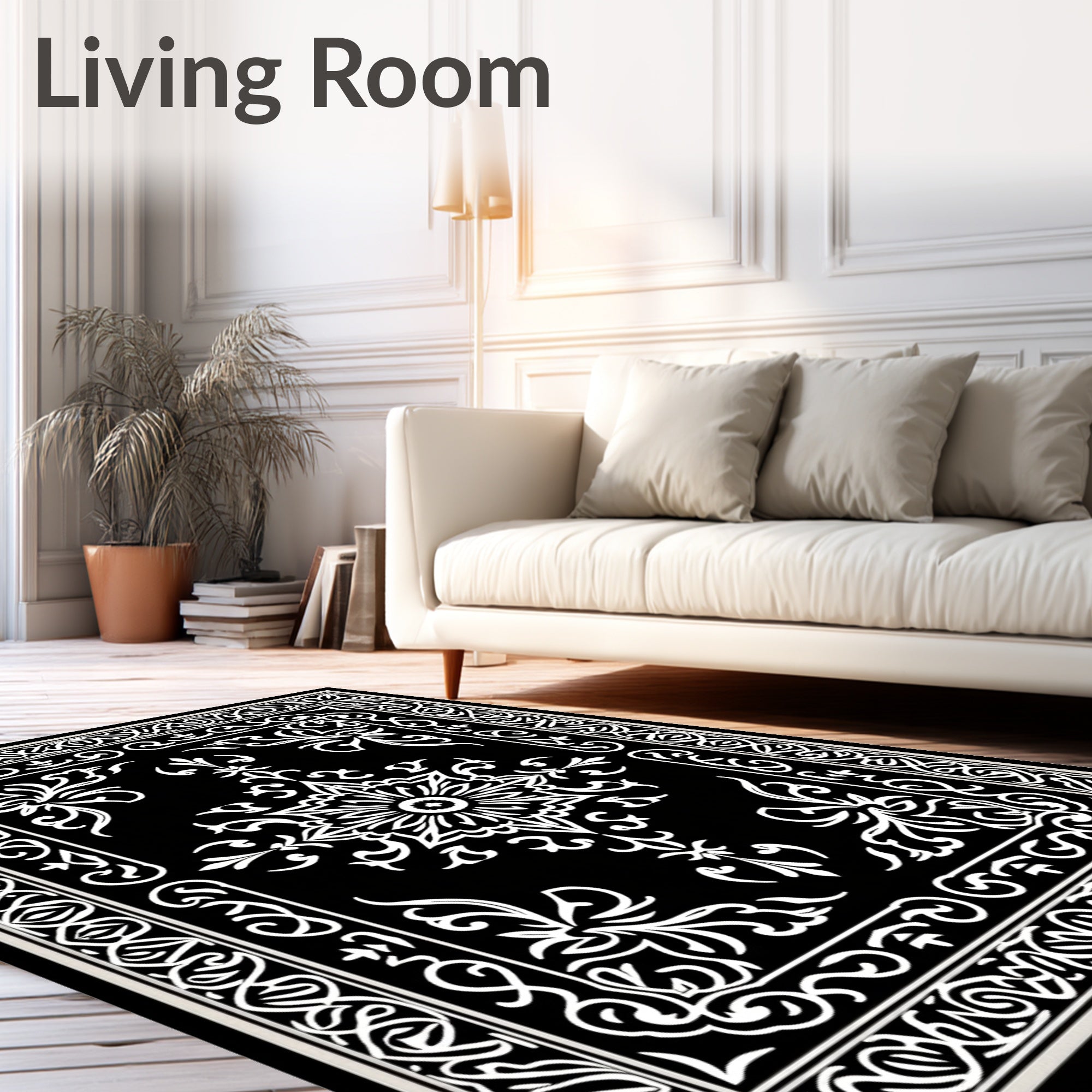 Classic White Ornate Floral Square Design Rug
