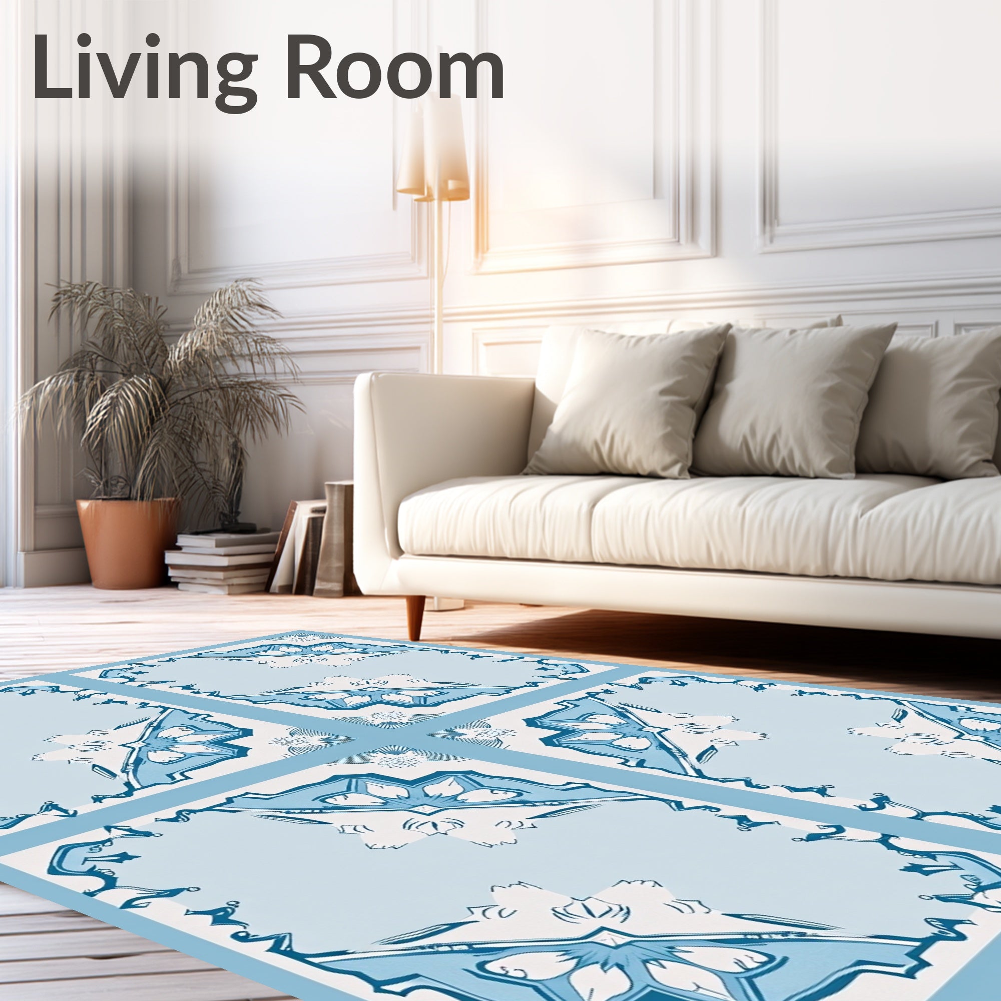 Art Deco Blue Floral Tile Pattern Rug