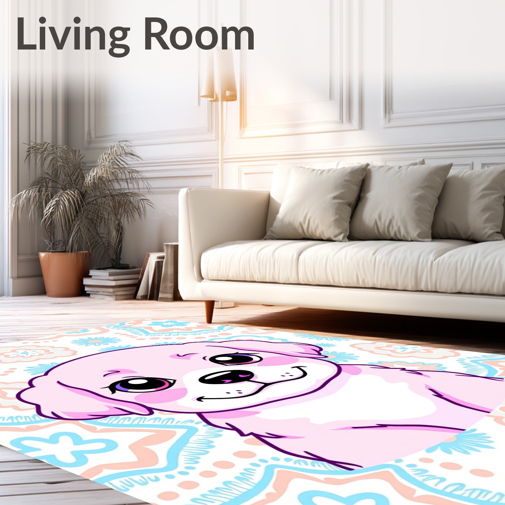 Cute Pink Puppy Floral Pattern Rug