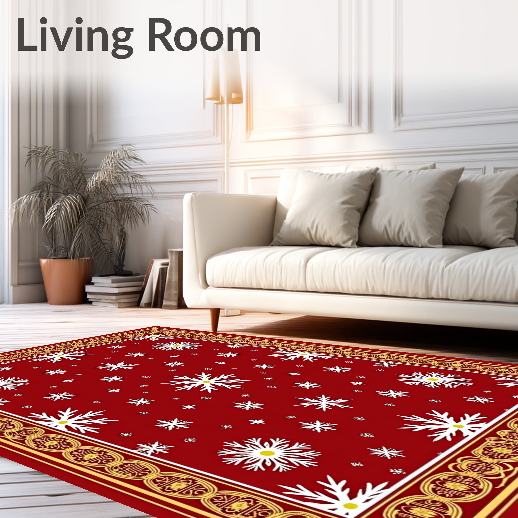 Red Snowflake Pattern with Gold Border Rug