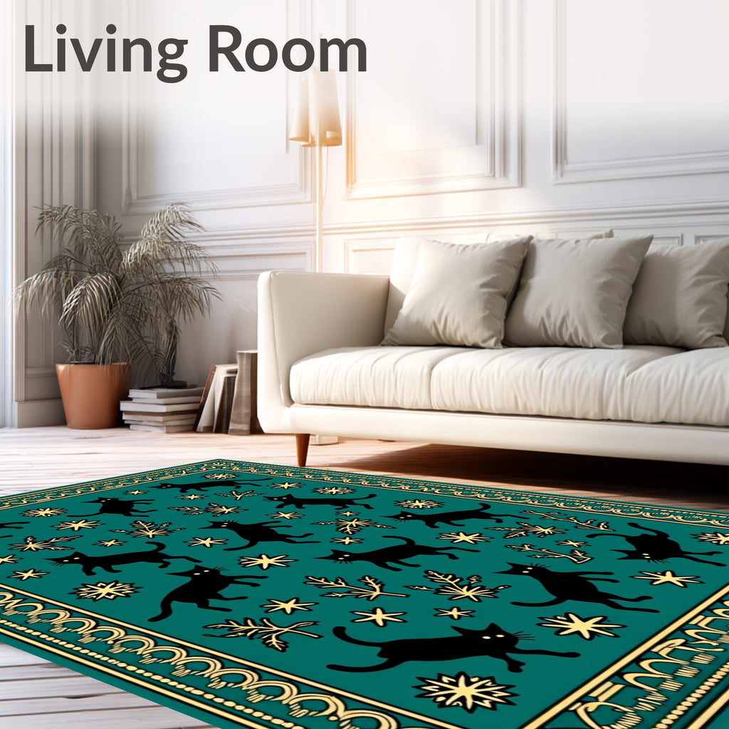 Whimsical Black Cats Stars Border Design Rug