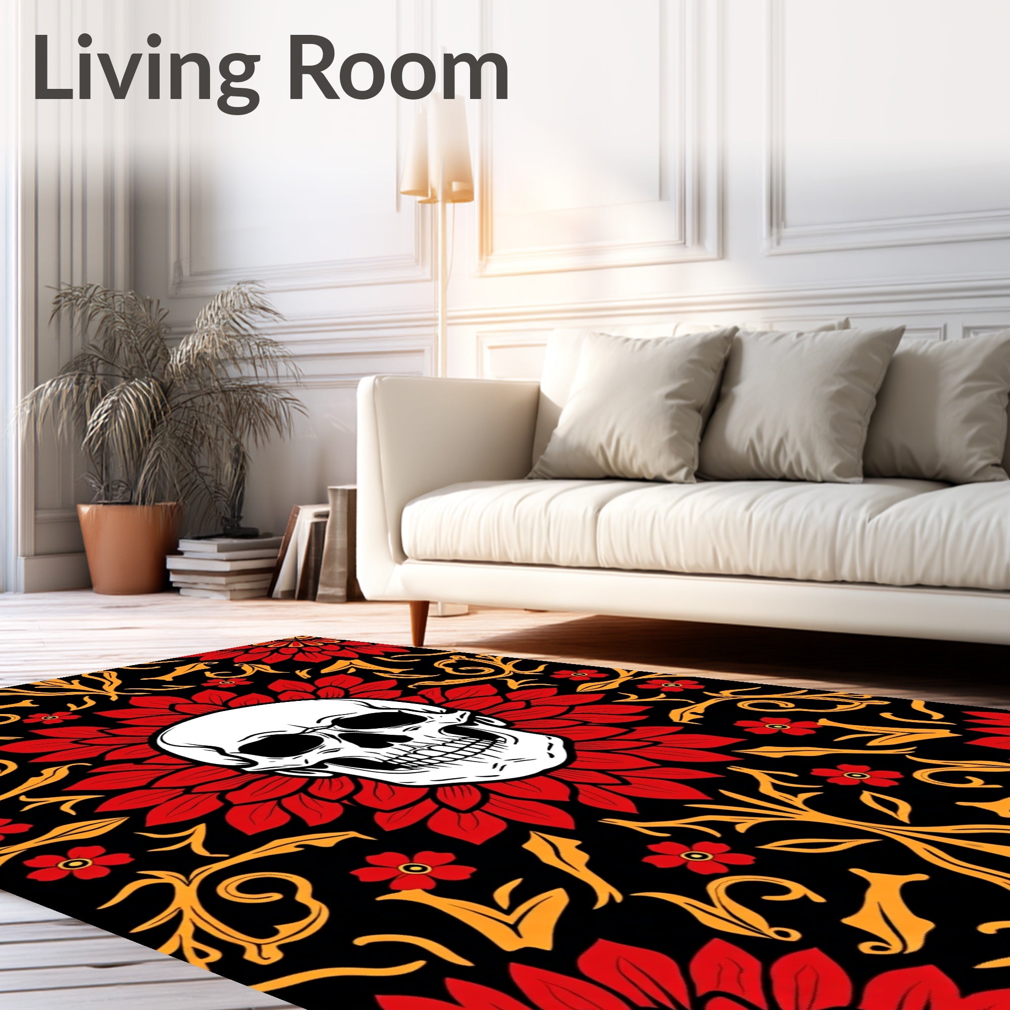 Red Floral Skull Pattern Rug
