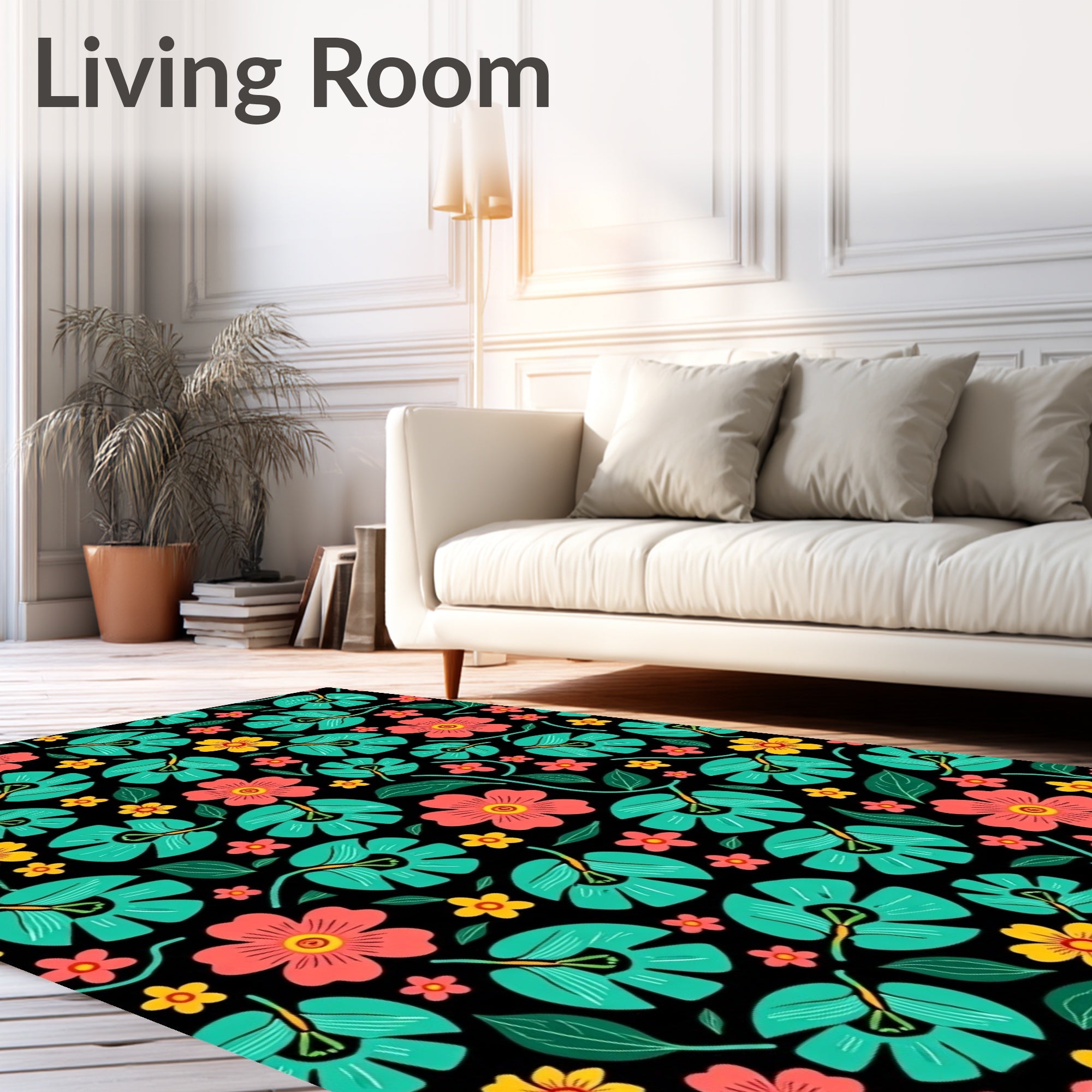 Coral Teal Yellow Floral Garden Rug
