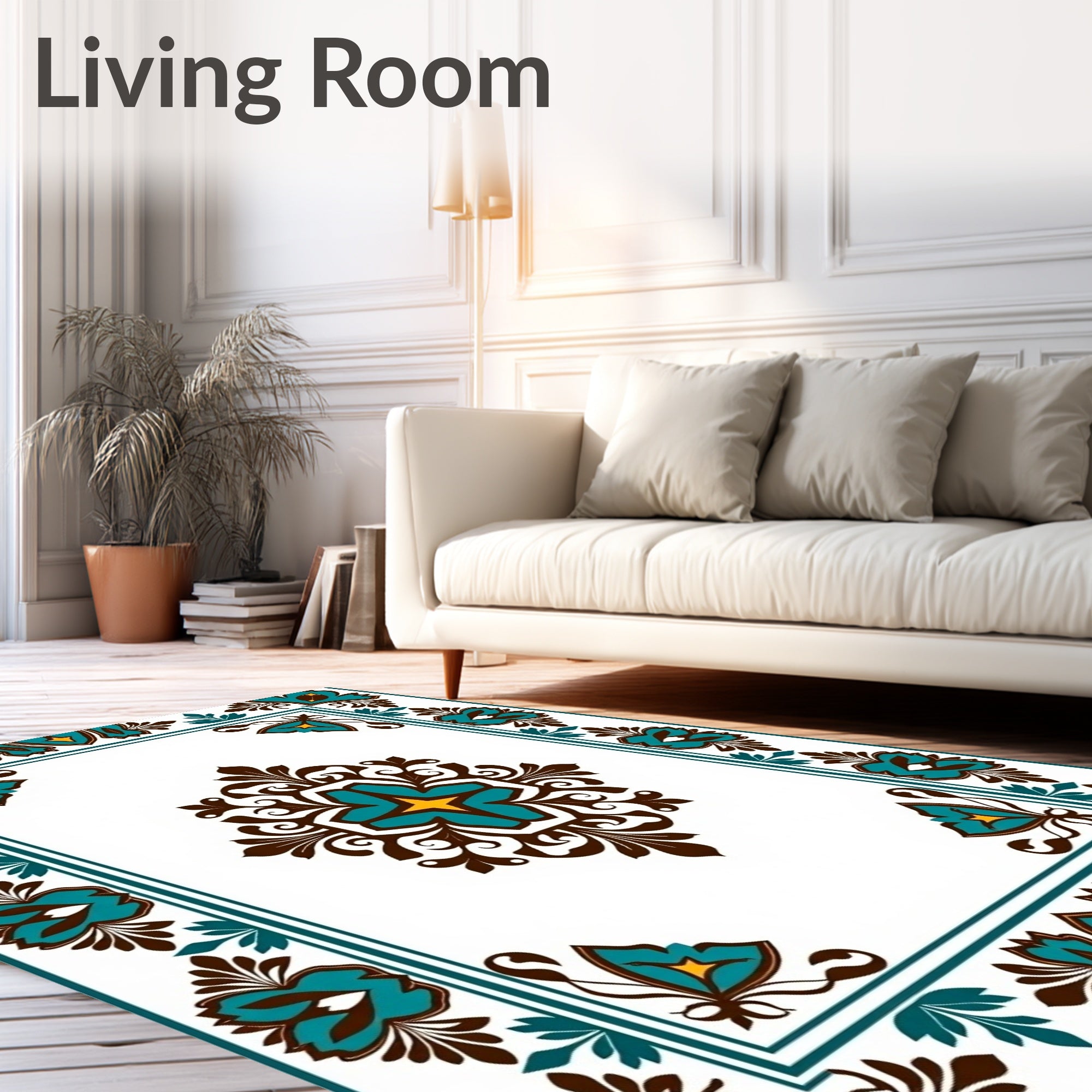 Ornate Floral Teal Brown Pattern Rug