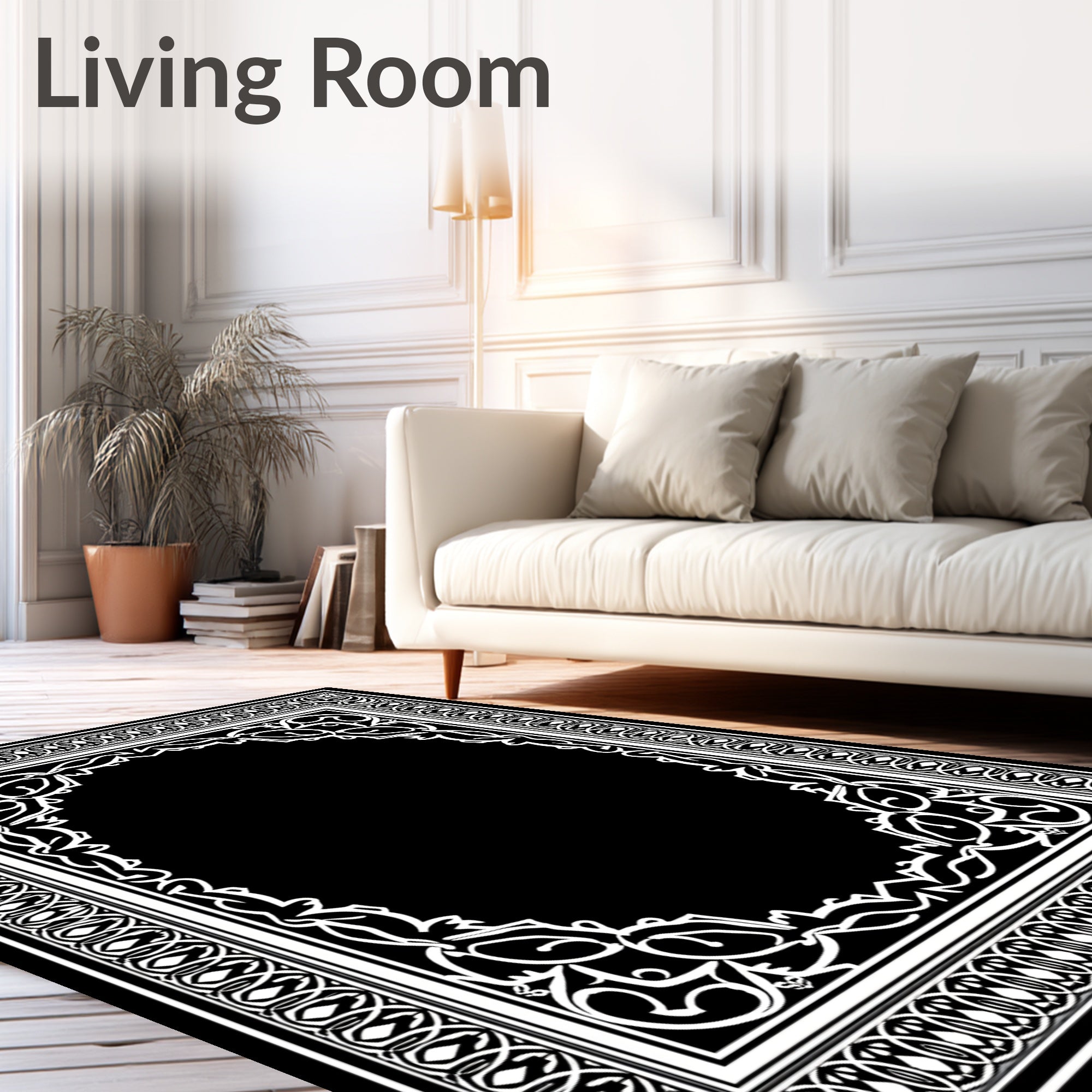Ornate Oval Scroll Border Design Rug