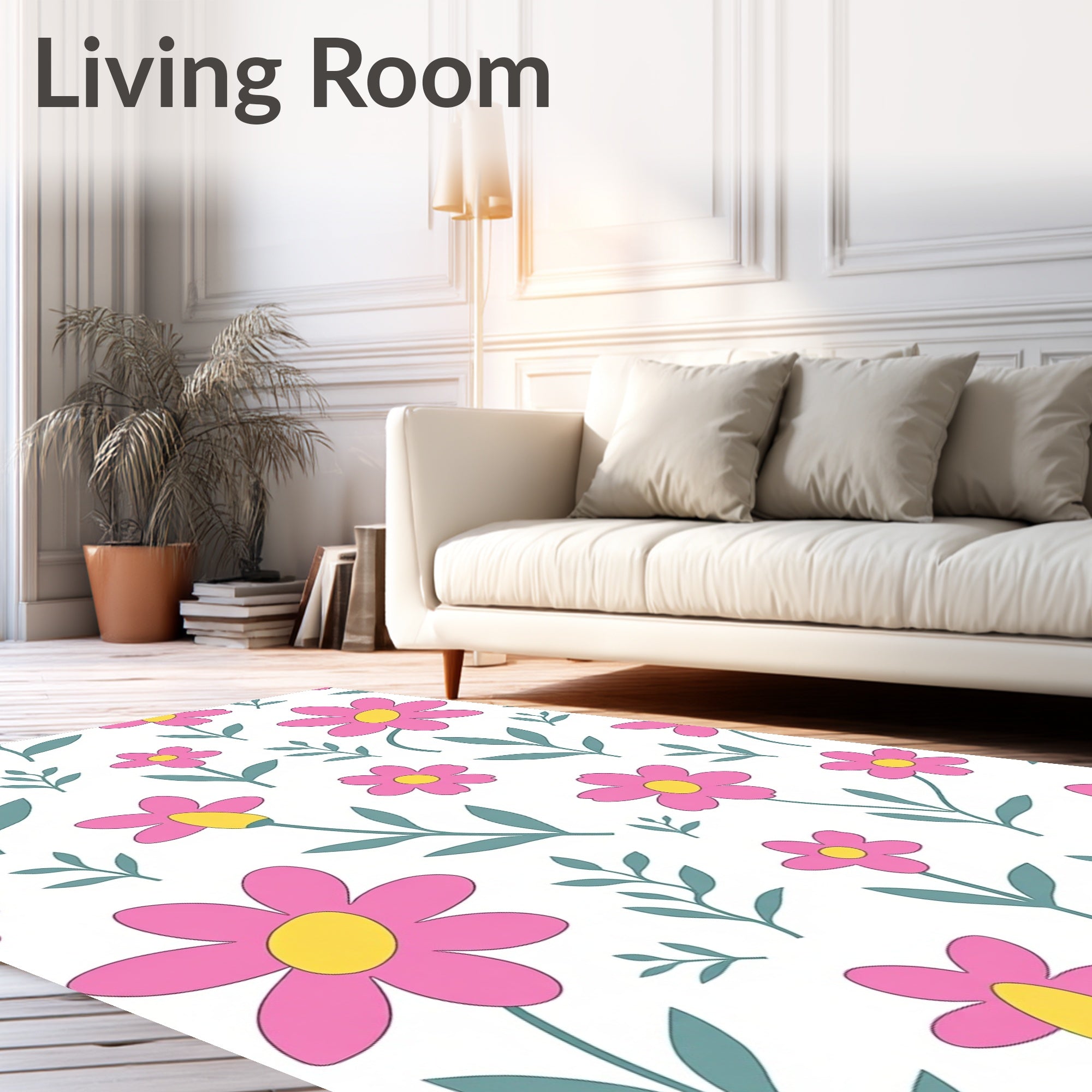 Pink Daisy Pattern With Green Leaves Rug