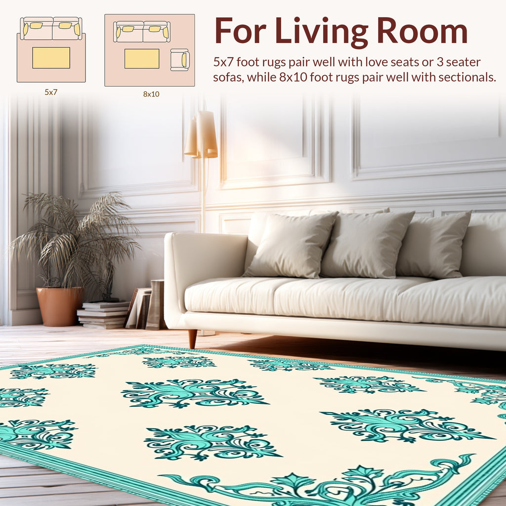 Turquoise Floral Damask Scrollwork Pattern Rug