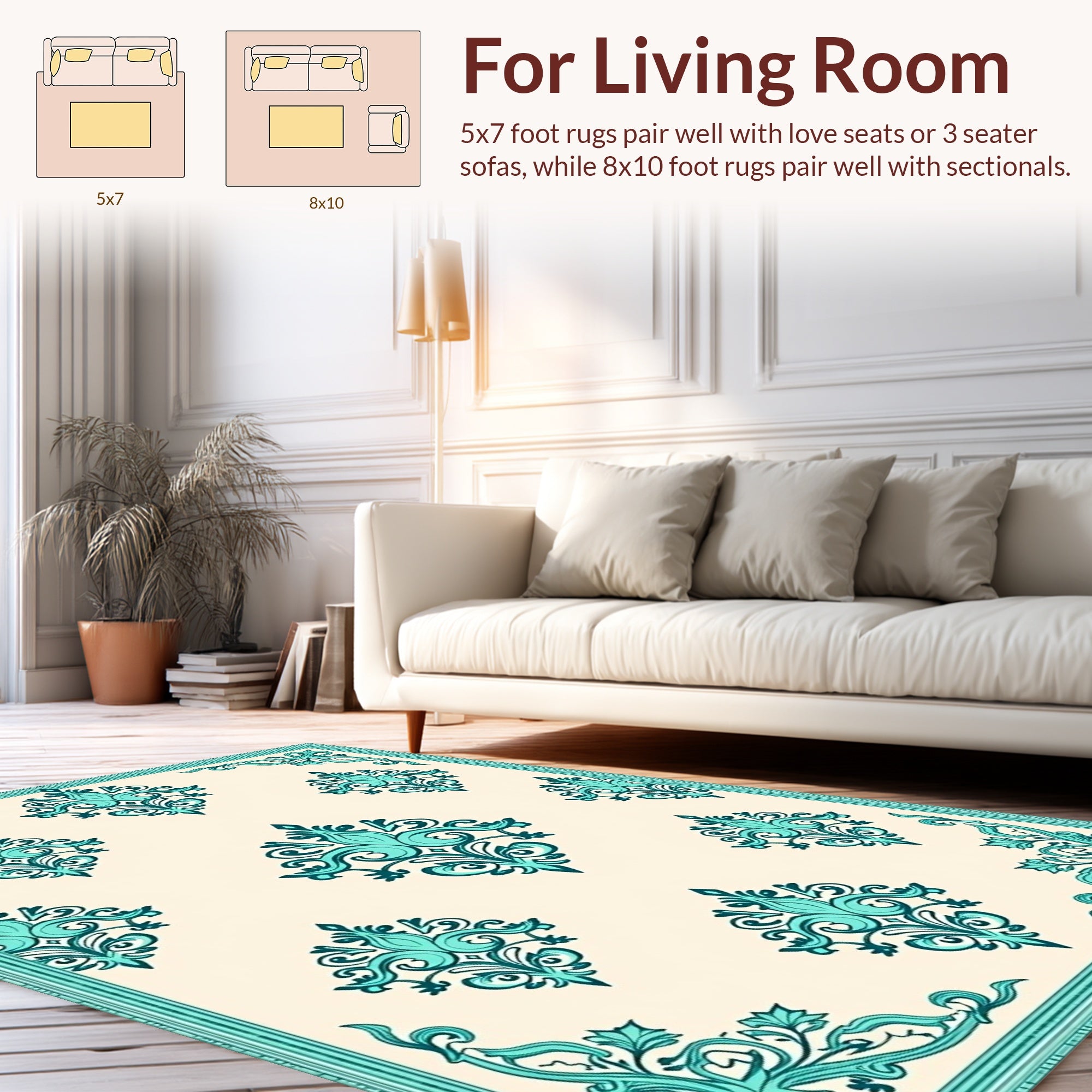 Turquoise Floral Damask Scrollwork Pattern Rug