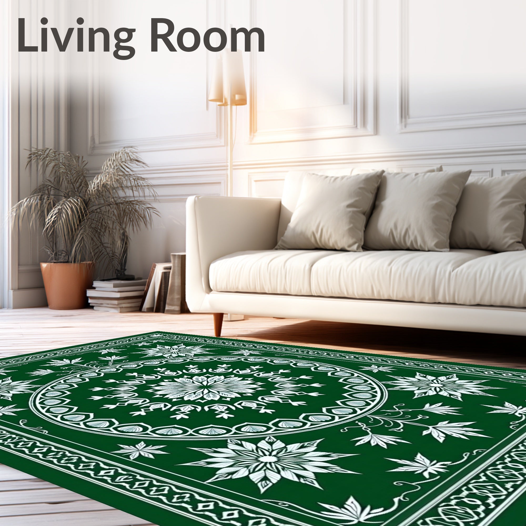 Emerald Green Floral Medallion Border Design Rug