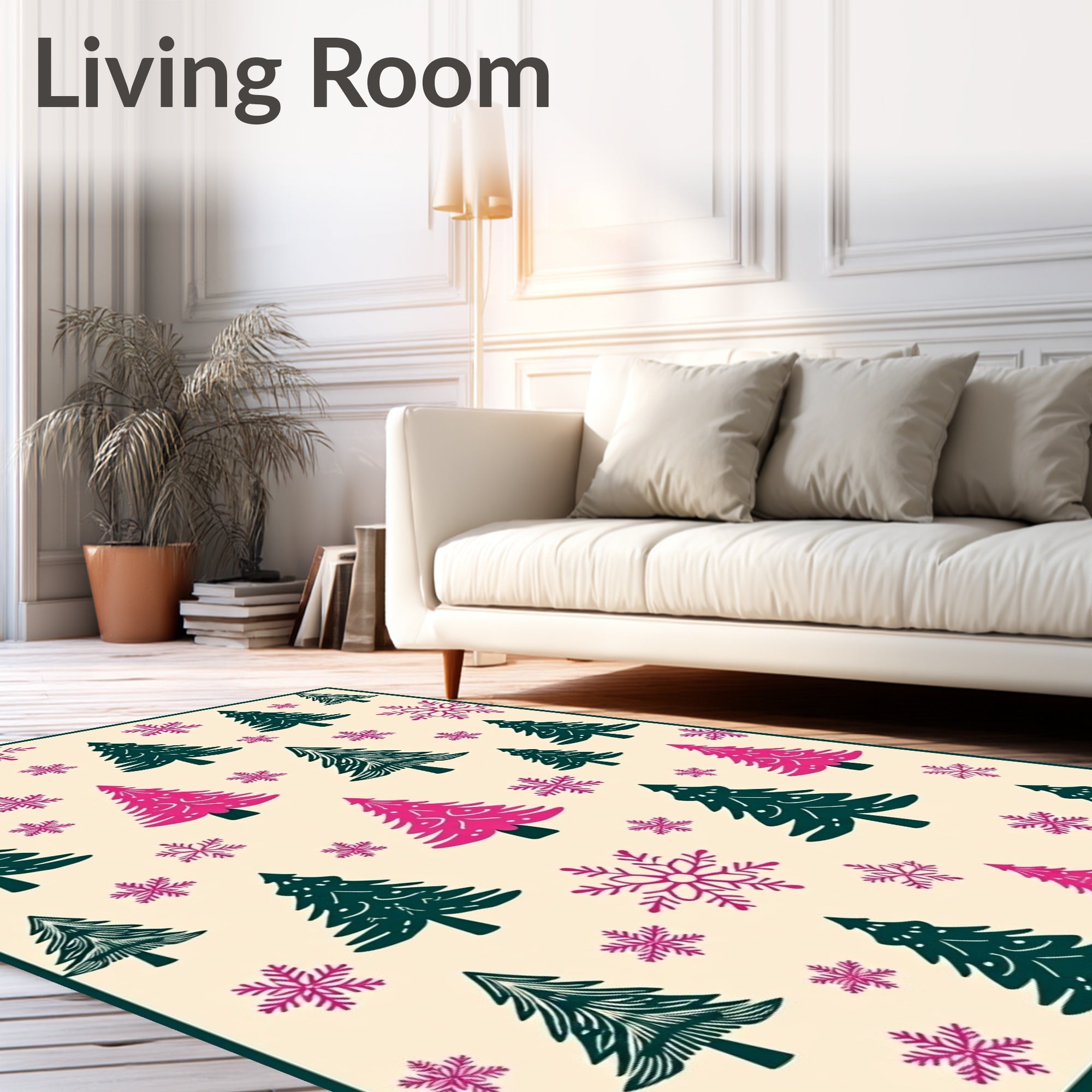 Whimsical Green Pink Trees Snowflakes Rug