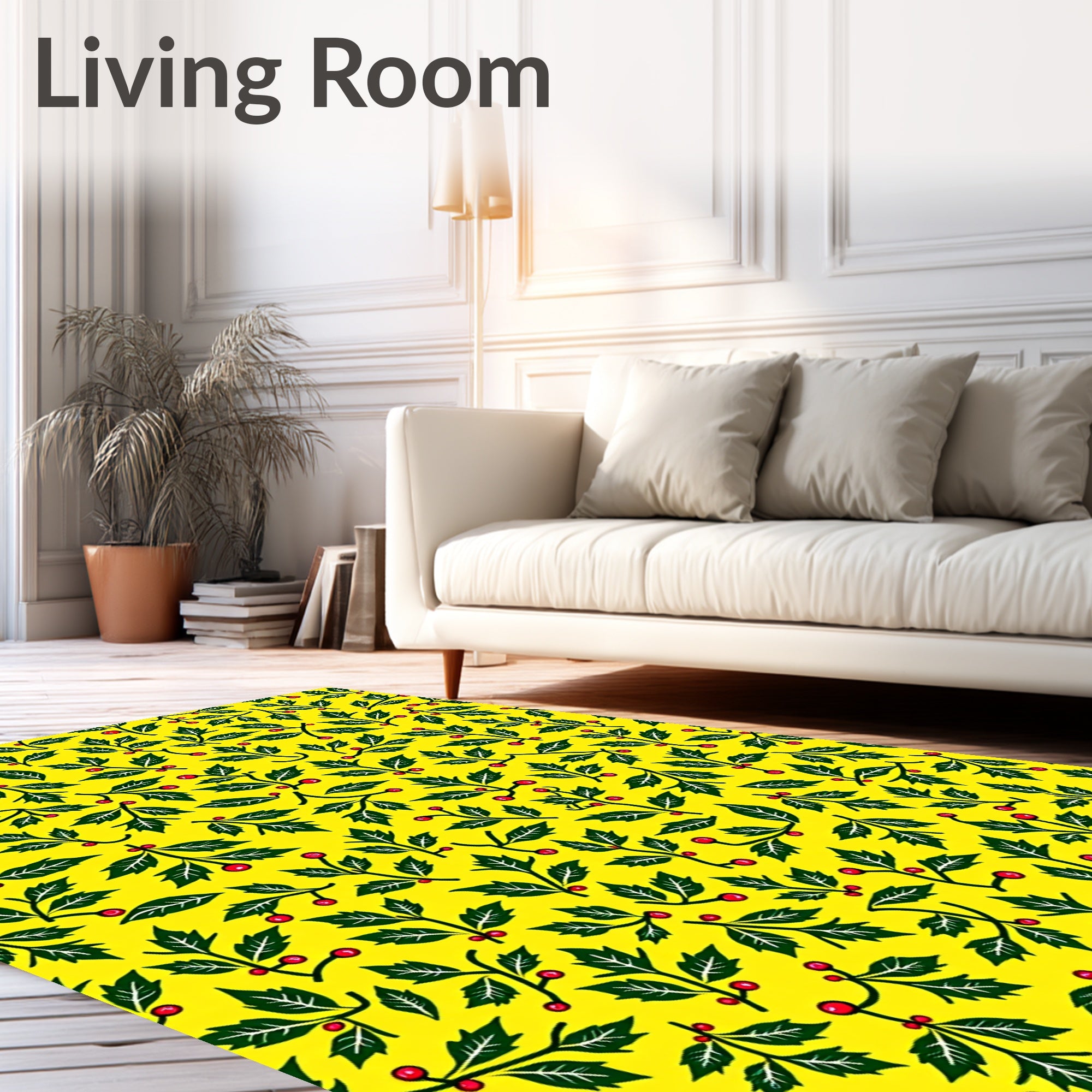 Festive Green Leaf Red Berry Pattern Rug