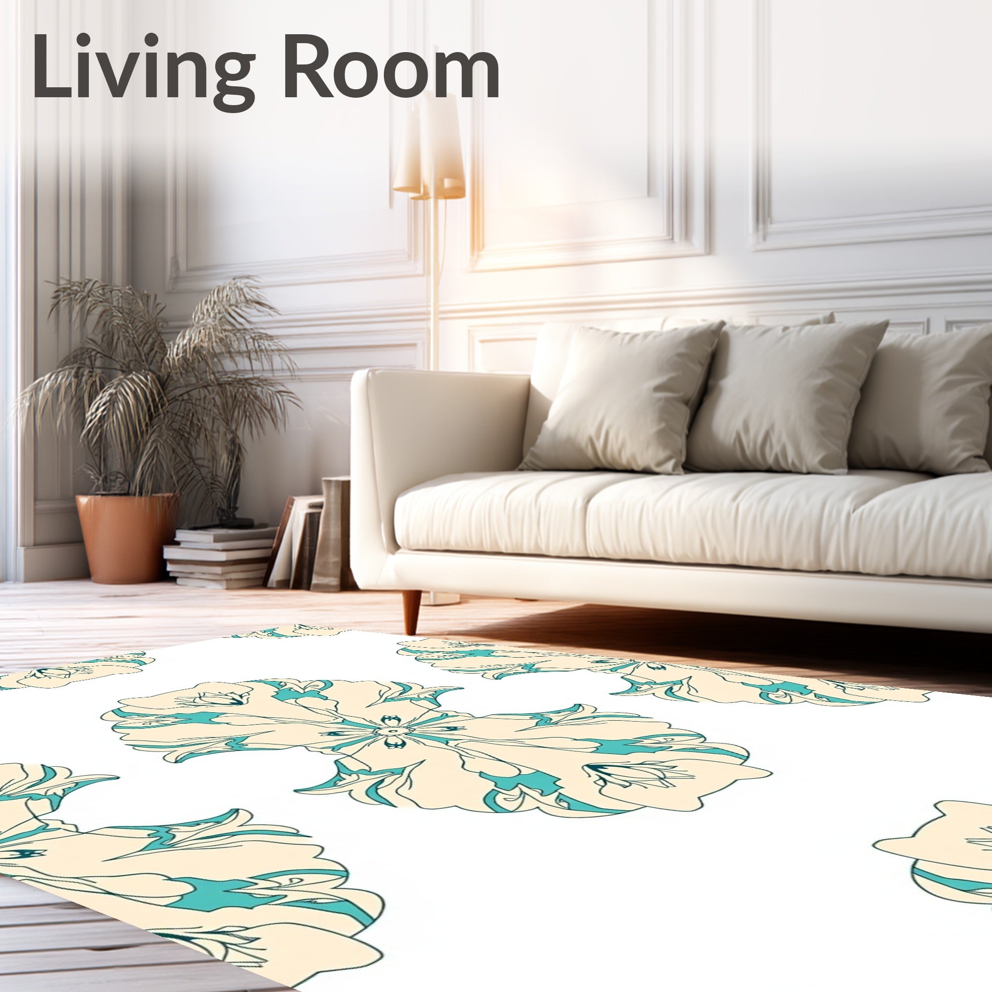 Cream And Teal Floral Mandala Rug