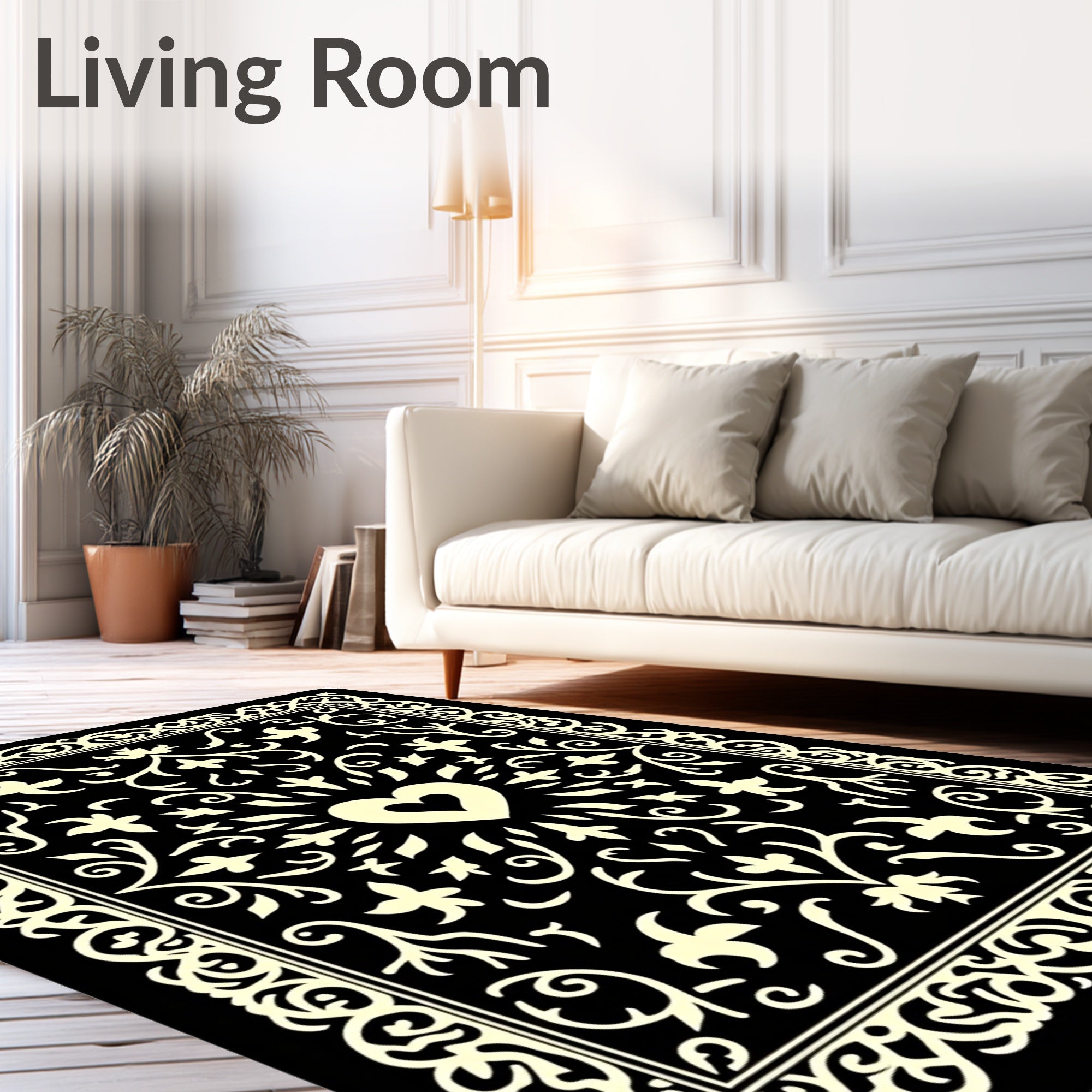 Elegant Black Ivory Heart Border Rug