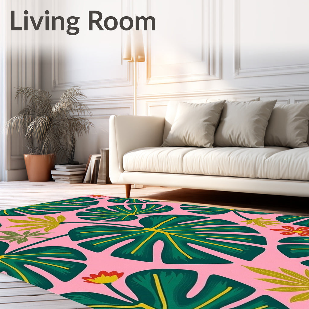 Vibrant Pink Green Tropical Foliage Rug