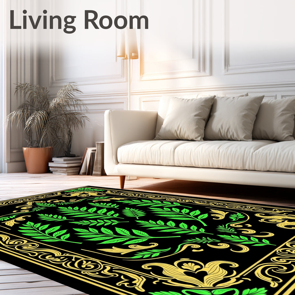 Ornate Green Gold Floral Motif Rug
