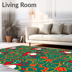Whimsical Red Floral Swirls Teal Rug