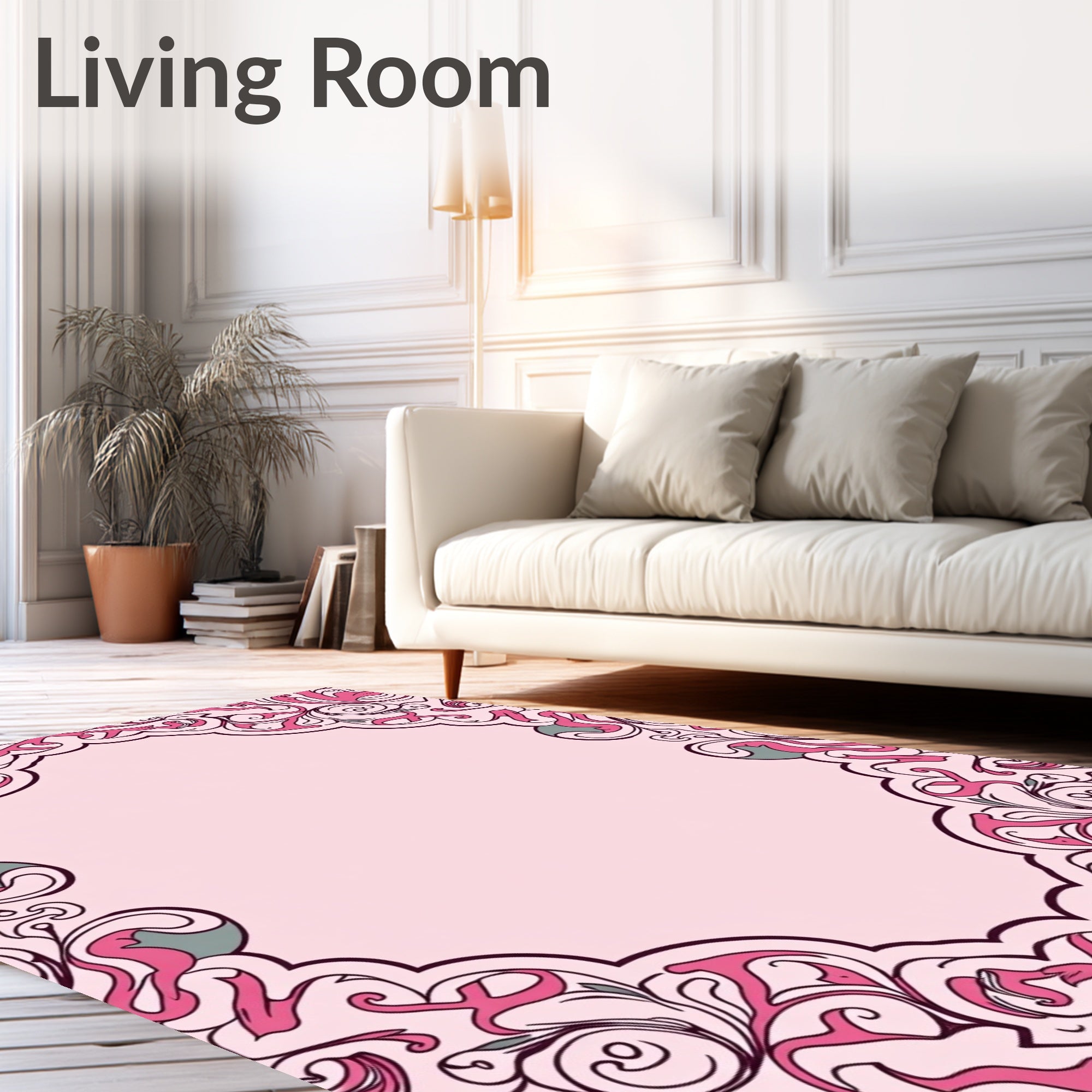 Ornate Pink Floral Scrollwork Design Rug