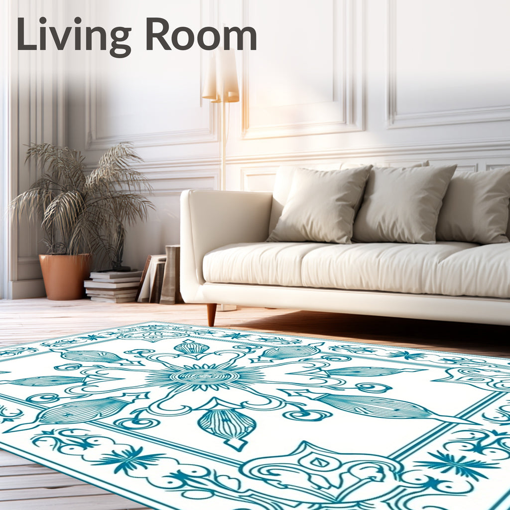 Teal Intricate Floral Sunburst Design Rug