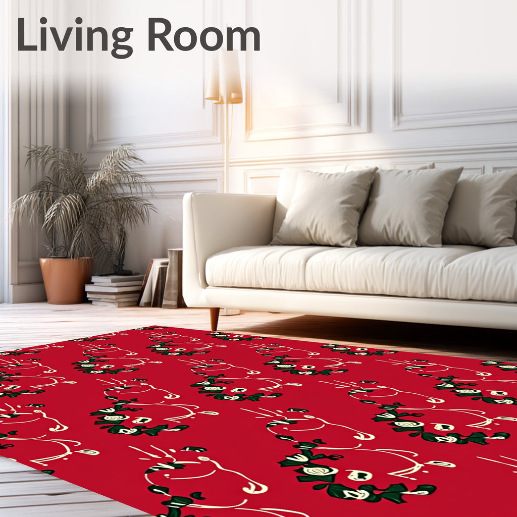 Festive Red Reindeer Holly Garland Pattern Rug