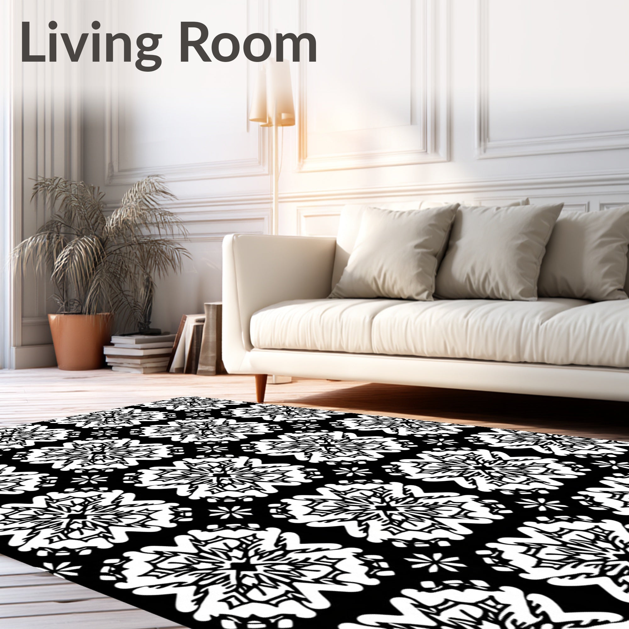 Black White Intricate Floral Pattern Rug