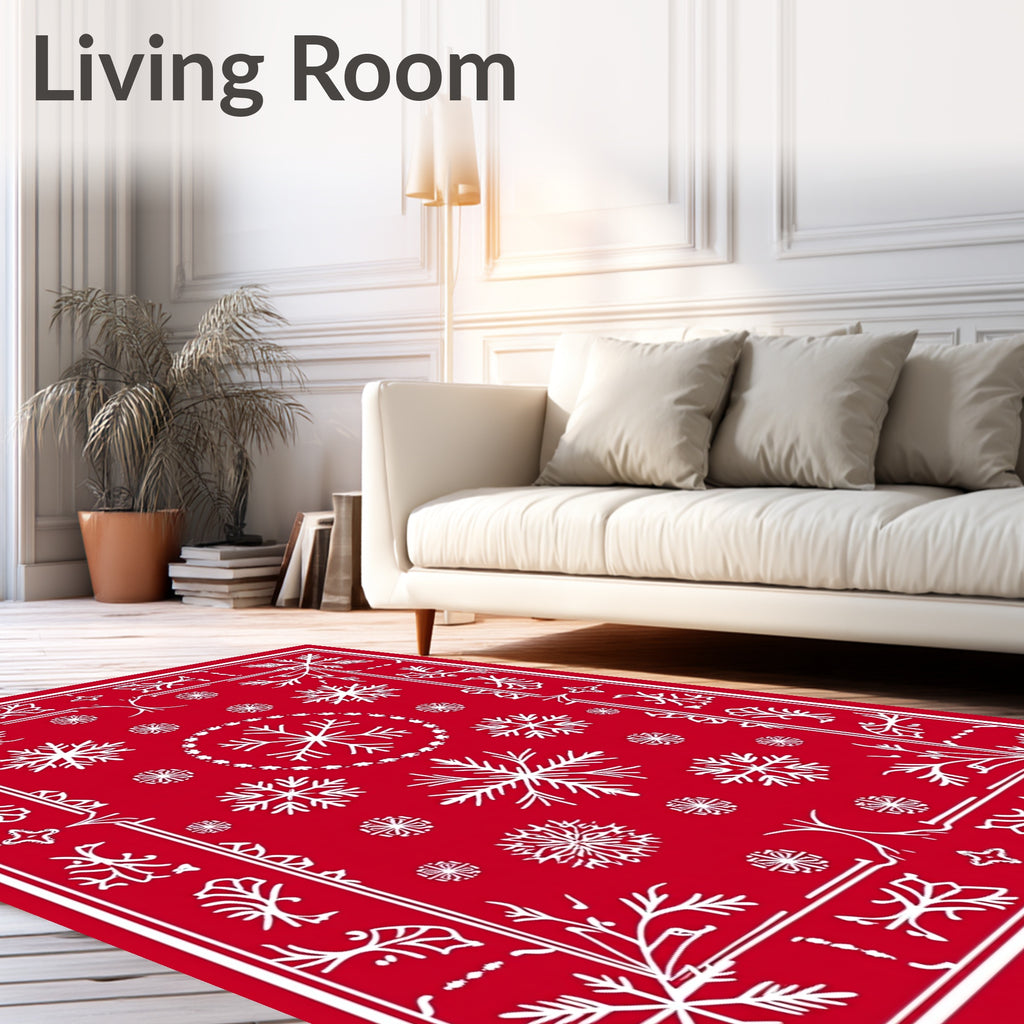 Red White Snowflake Pattern Rug