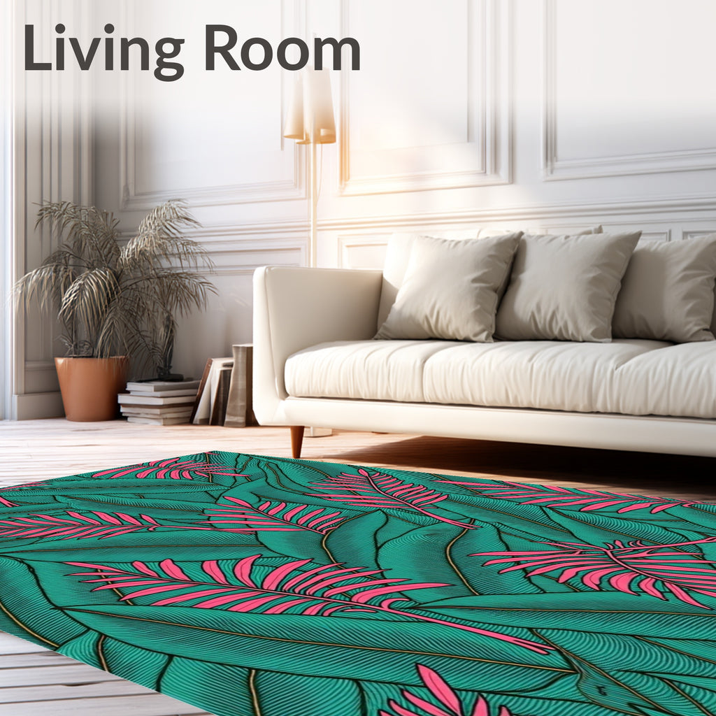 Tropical Teal Pink Palm Leaf Collage Rug