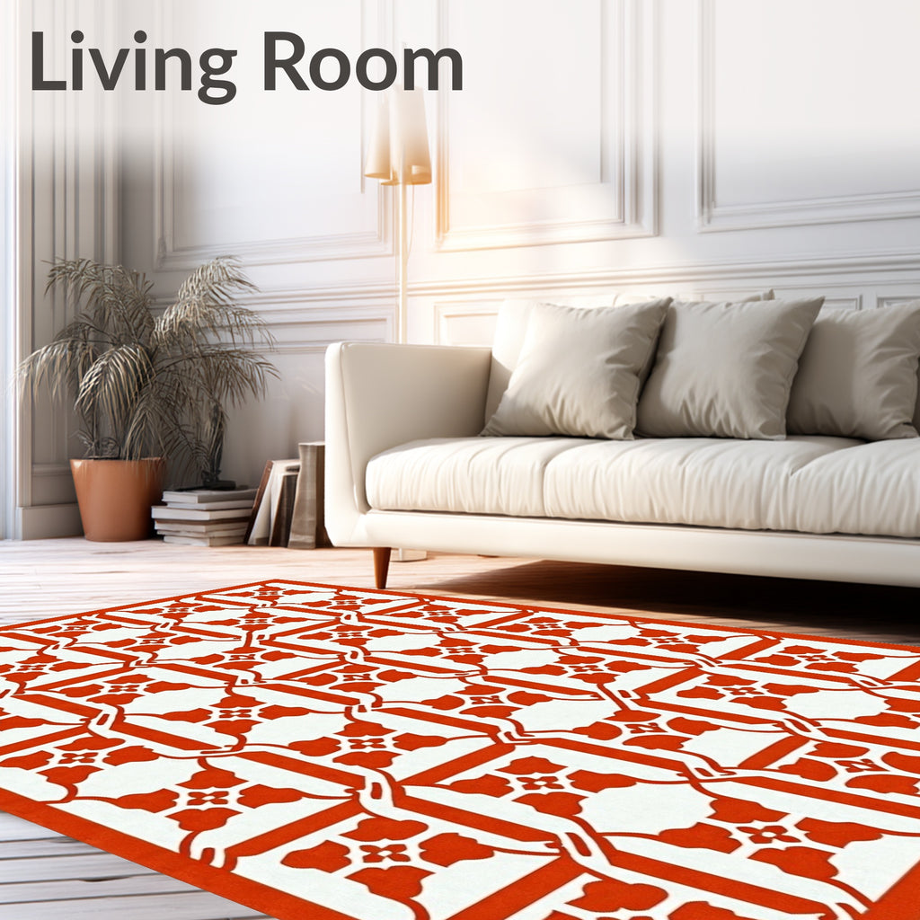 Red Orange Lattice Floral Pattern Rug