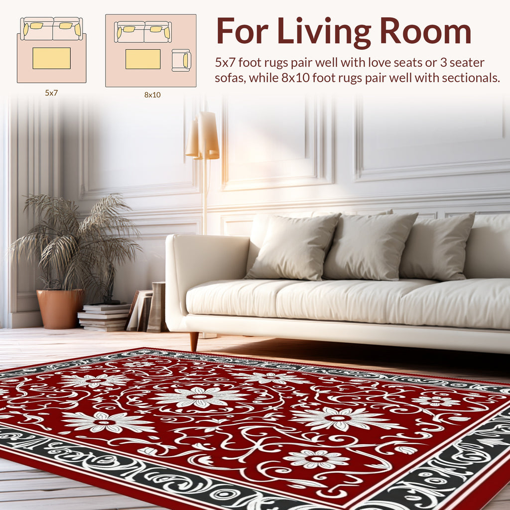 Rich Red Floral Scroll Work Rug