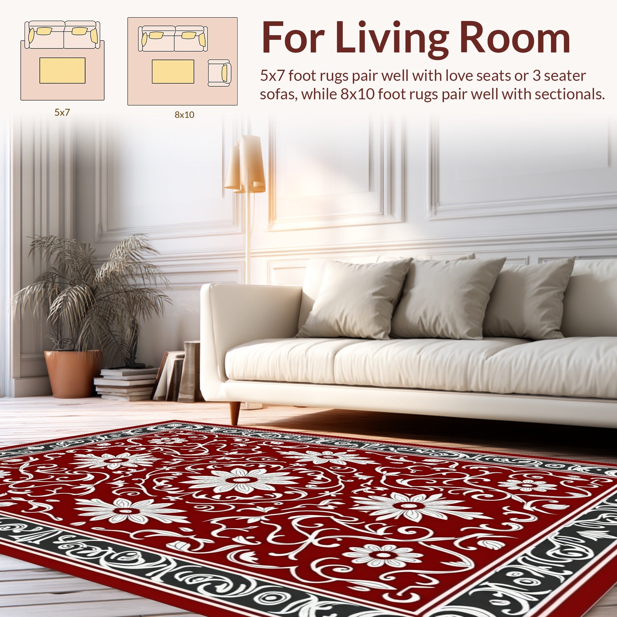 Rich Red Floral Scroll Work Rug