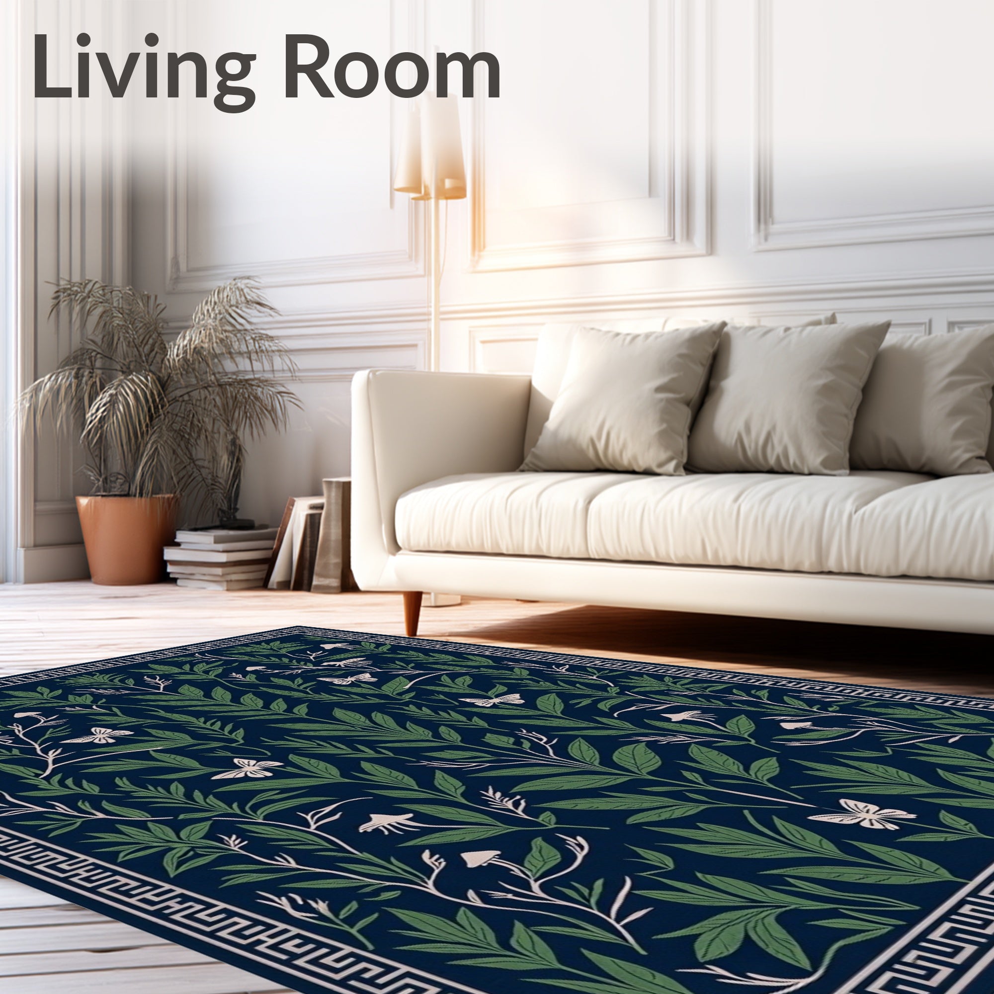 Dark Blue Botanical Print Butterfly Rug