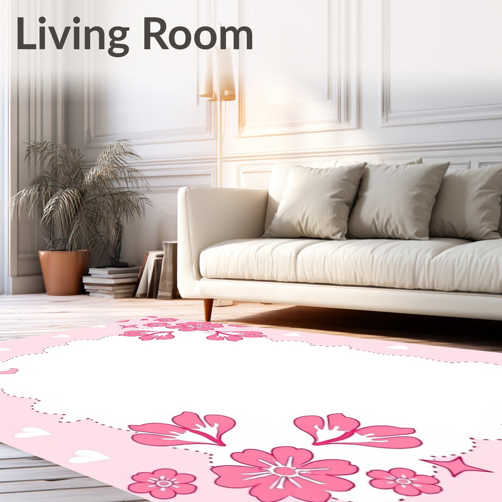 Pink Floral Border with Hearts and Stars Rug