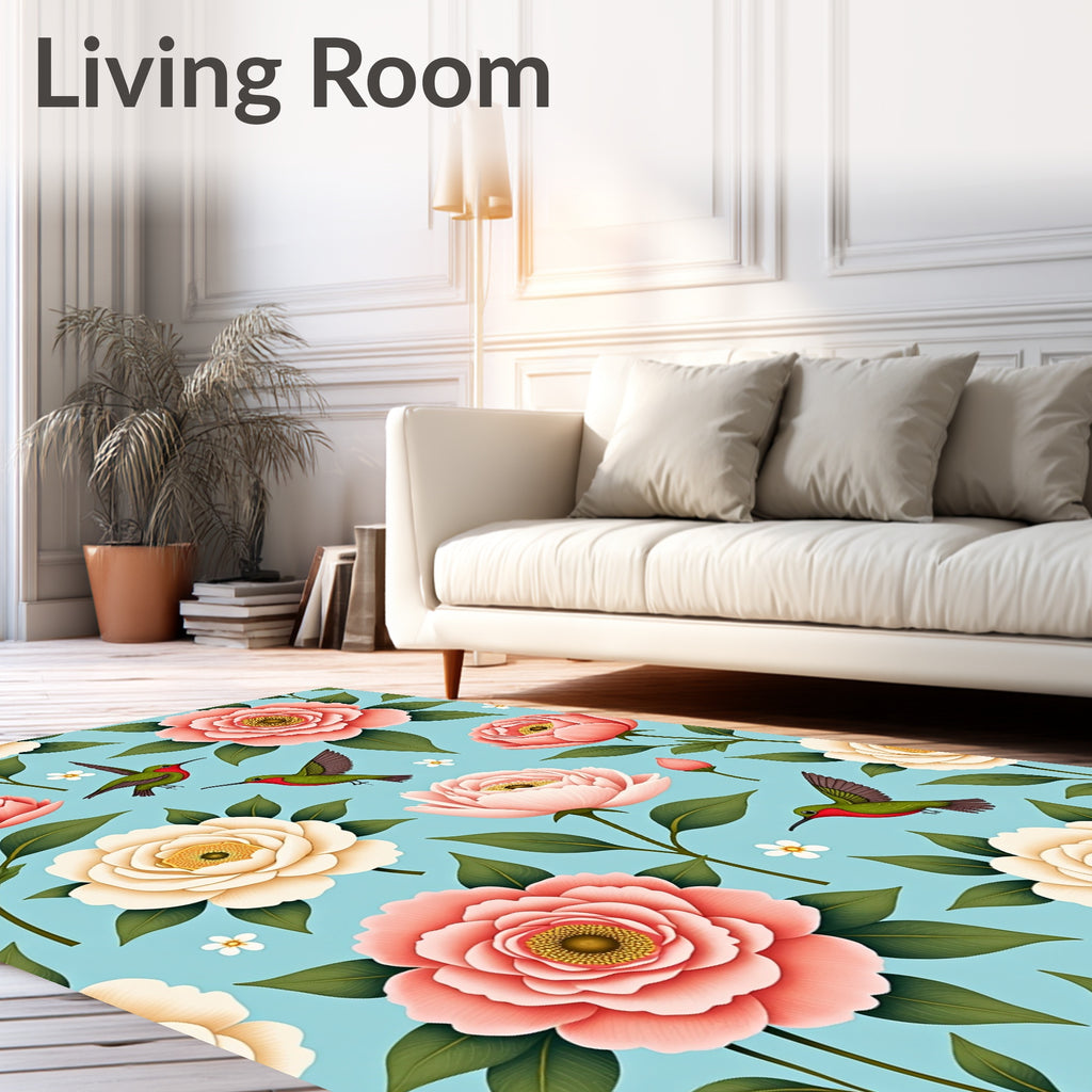 Floral Hummingbird Patterned Aqua Rug