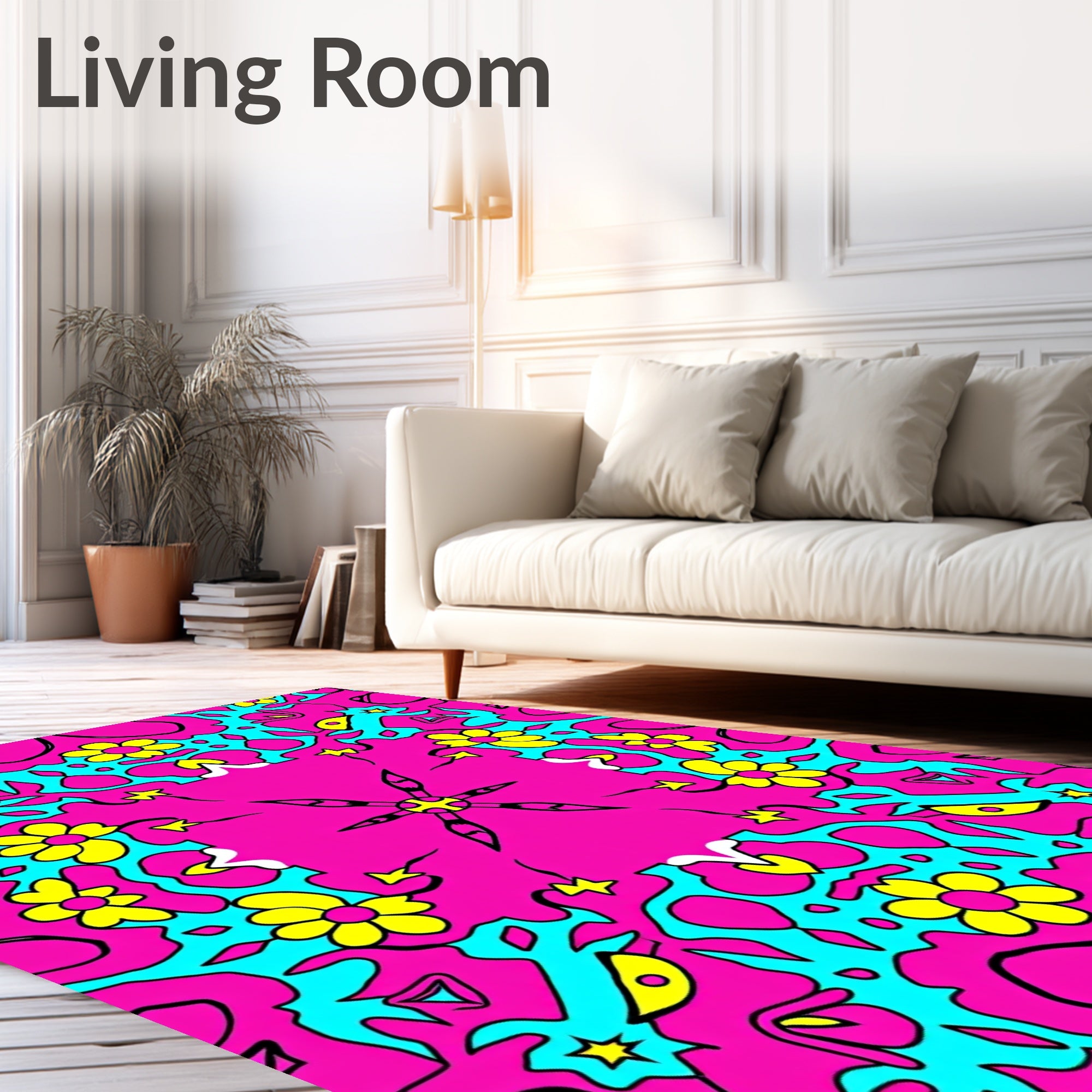 Vibrant Pink Yellow Floral Pattern Rug
