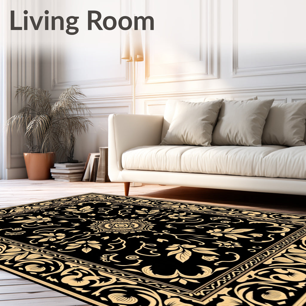 Elegant Black Gold Floral Pattern Rug