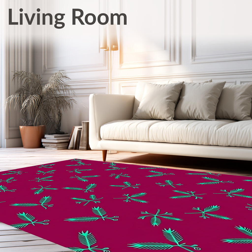 Teal Leaf Pattern On Magenta Background Rug
