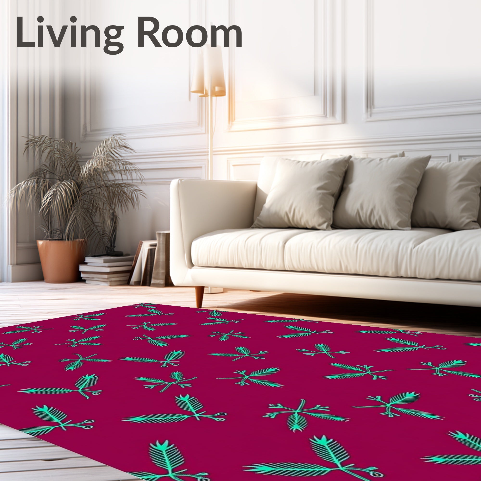 Teal Leaf Pattern On Magenta Background Rug