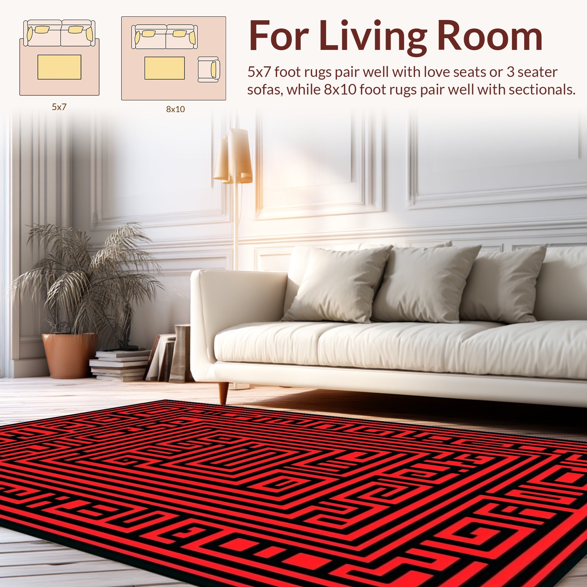 Bold Red Black Geometric Maze Pattern Rug