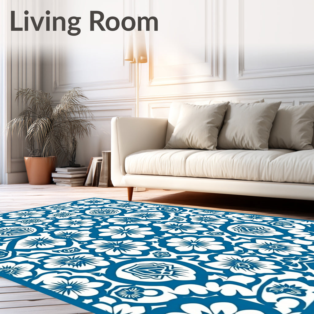 Classic Blue White Floral Damask Pattern Rug