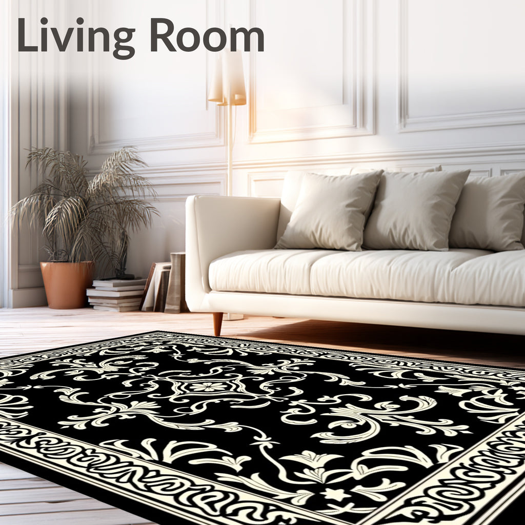 Classic Black Off-White Floral Border Rug