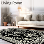 Classic Black Off-White Floral Border Rug